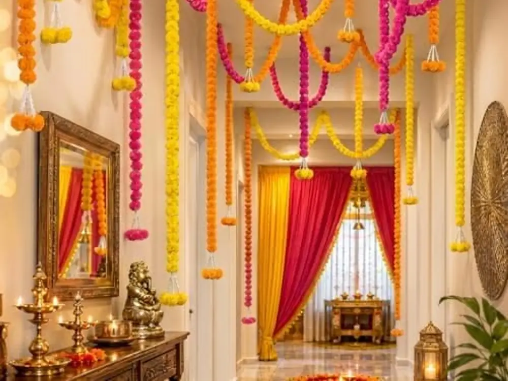 Hallway with orange, pink and yellow marigold garlands hanging from the ceiling and a puja shelf