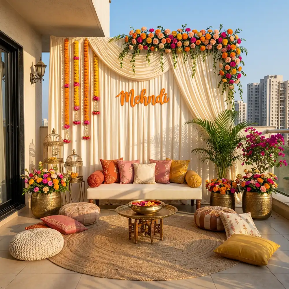 Balcony mehndi corner with a draped cream backdrop, a flower garland overhead, a Mehndi sign and brass pots of marigold and bougainvillea