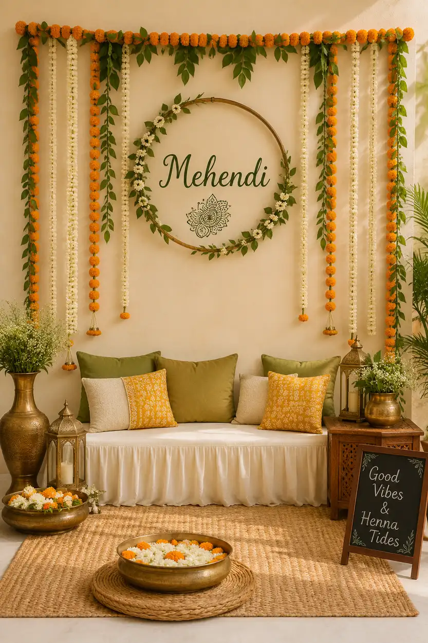 Cream wall with a leaf-and-flower Mehndi hoop, marigold and jasmine strings and a marigold border
