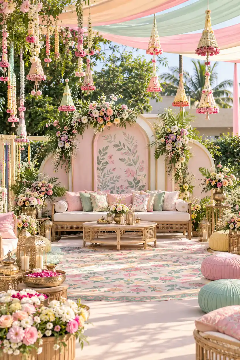 Pastel garden mehndi set-up with a mint and pink pergola, a hanging flower wall, sofa and cushioned seating