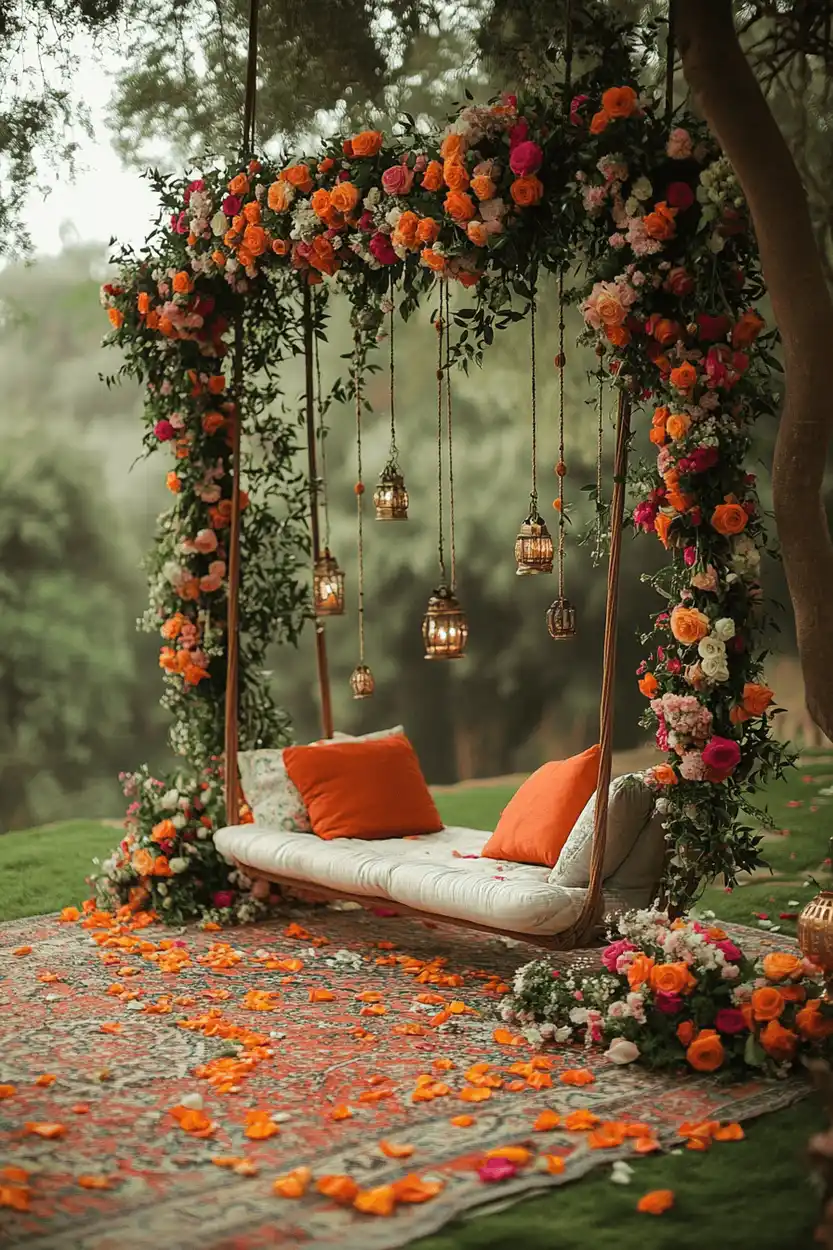 Garden swing arch of orange and pink roses with hanging lanterns, cushions and scattered petals