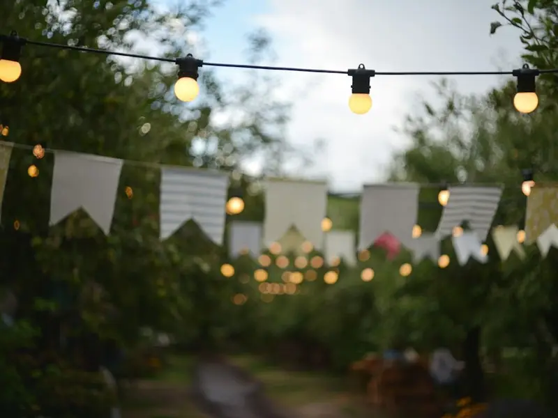 String lights and paper bunting flags over a garden path in soft evening light