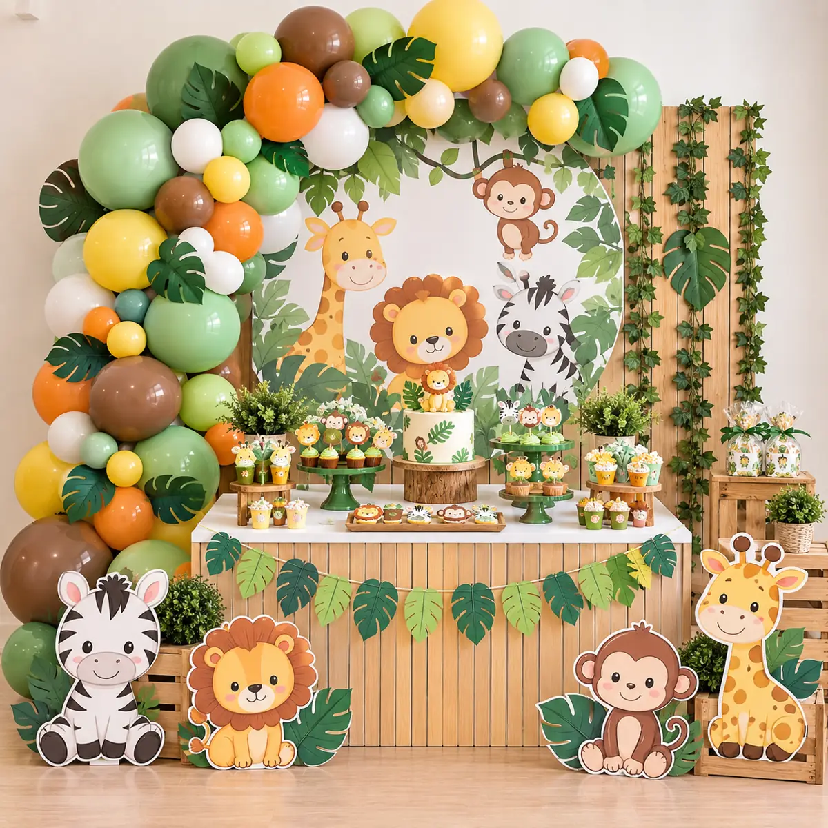 Jungle dessert table with an animal backdrop, a balloon arch in green and orange and animal cutouts in front