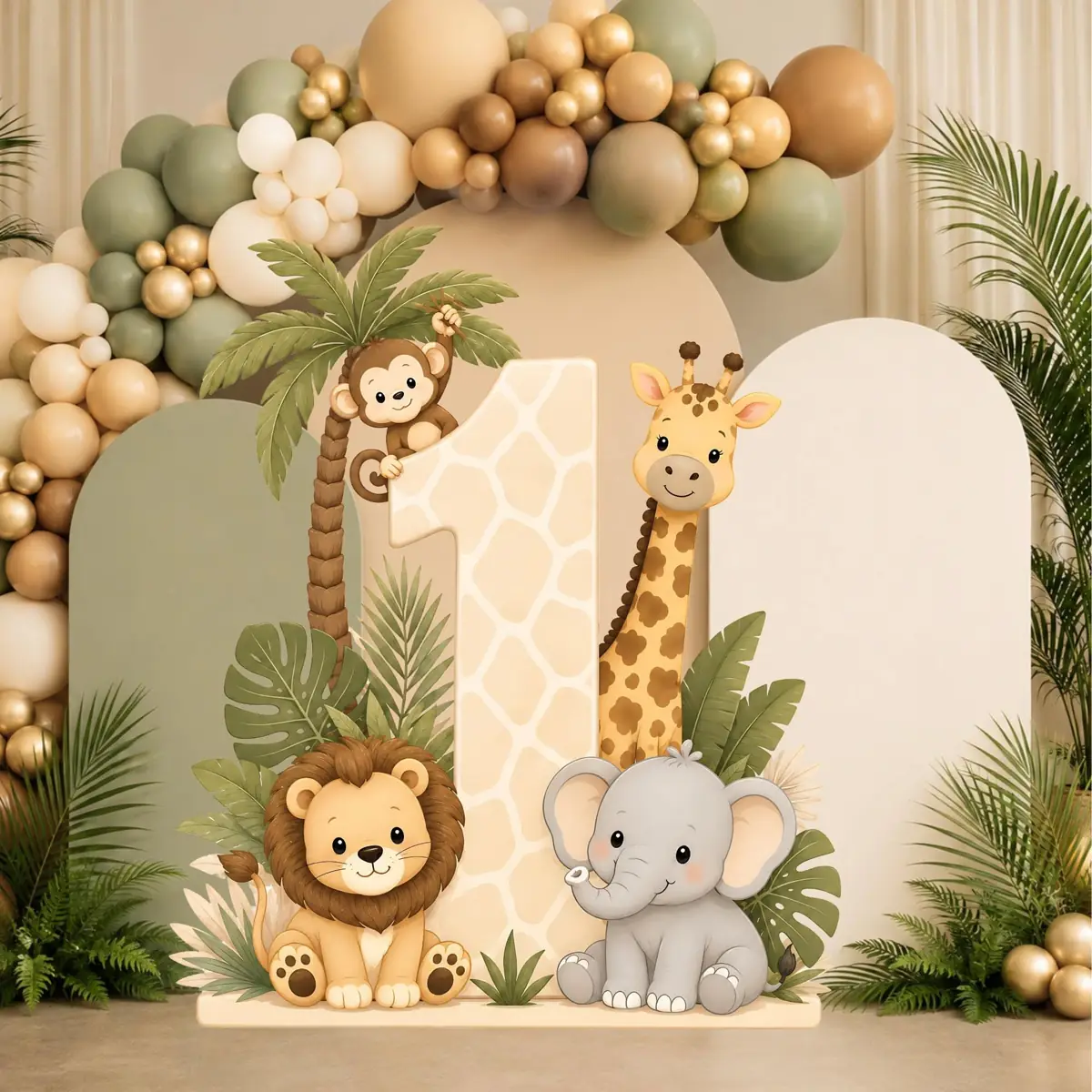 Sage and gold balloon arch with a giant 1, giraffe, lion and elephant cutouts and palm leaves