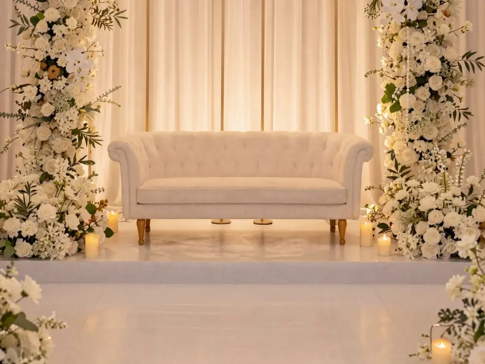 Cream arch wrapped in white and peach flowers behind a tufted cream sofa with candles