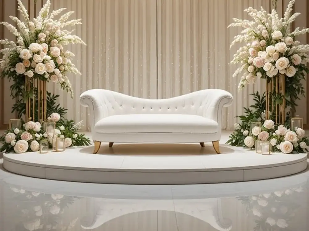 White tufted sofa on a round platform between tall white rose arrangements under a flower garland