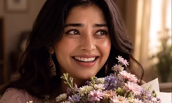She laughs, holding her guldasta bouquet close