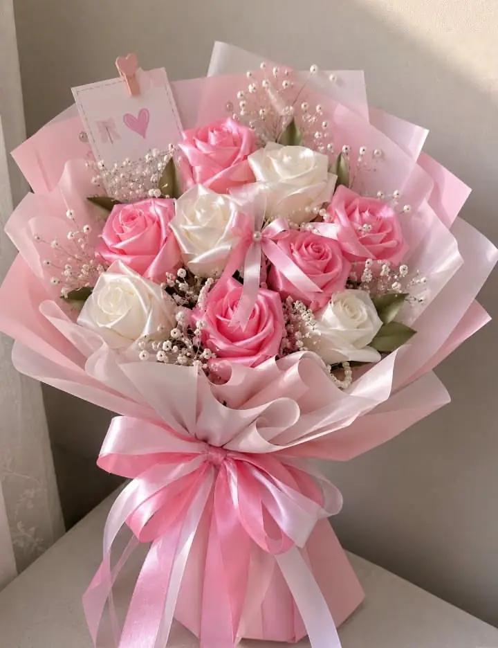 Pink and white roses in pink wrapping tied with a satin ribbon