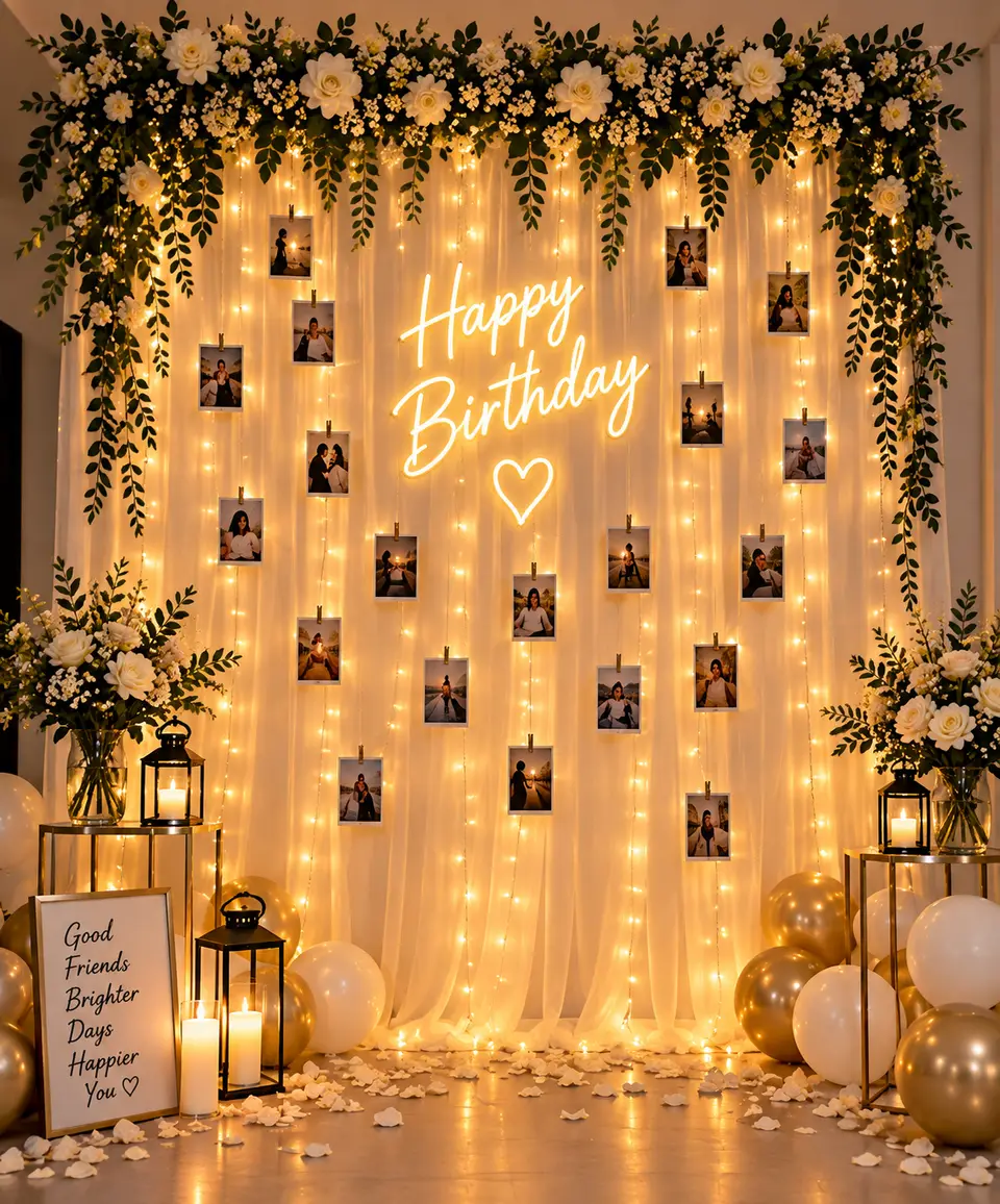 A white floral backdrop with fairy light curtains and a candlelit birthday corner, shown as inspiration