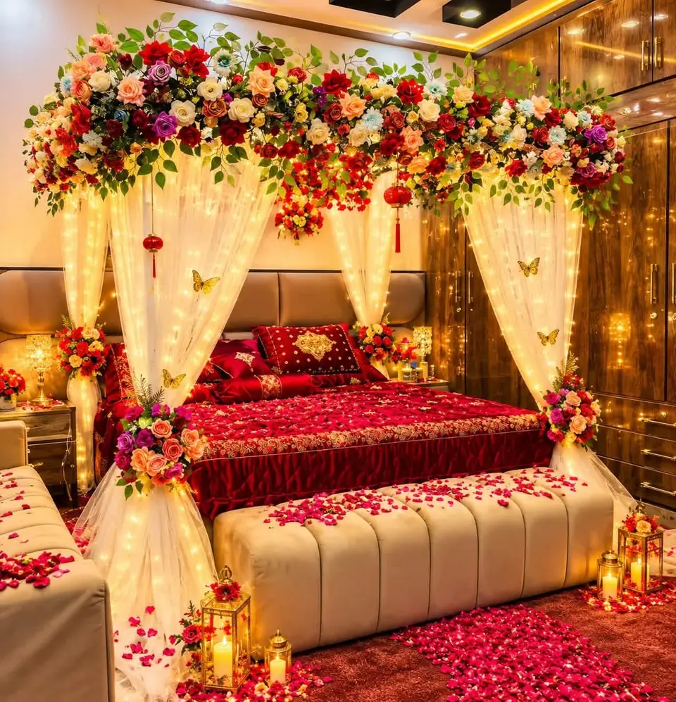 A bed under a floral canopy with fairy lights and rose petals, shown as inspiration