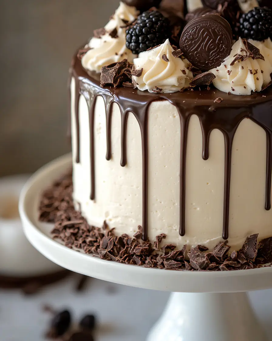 A chocolate drip cake topped with cookies and cream swirls
