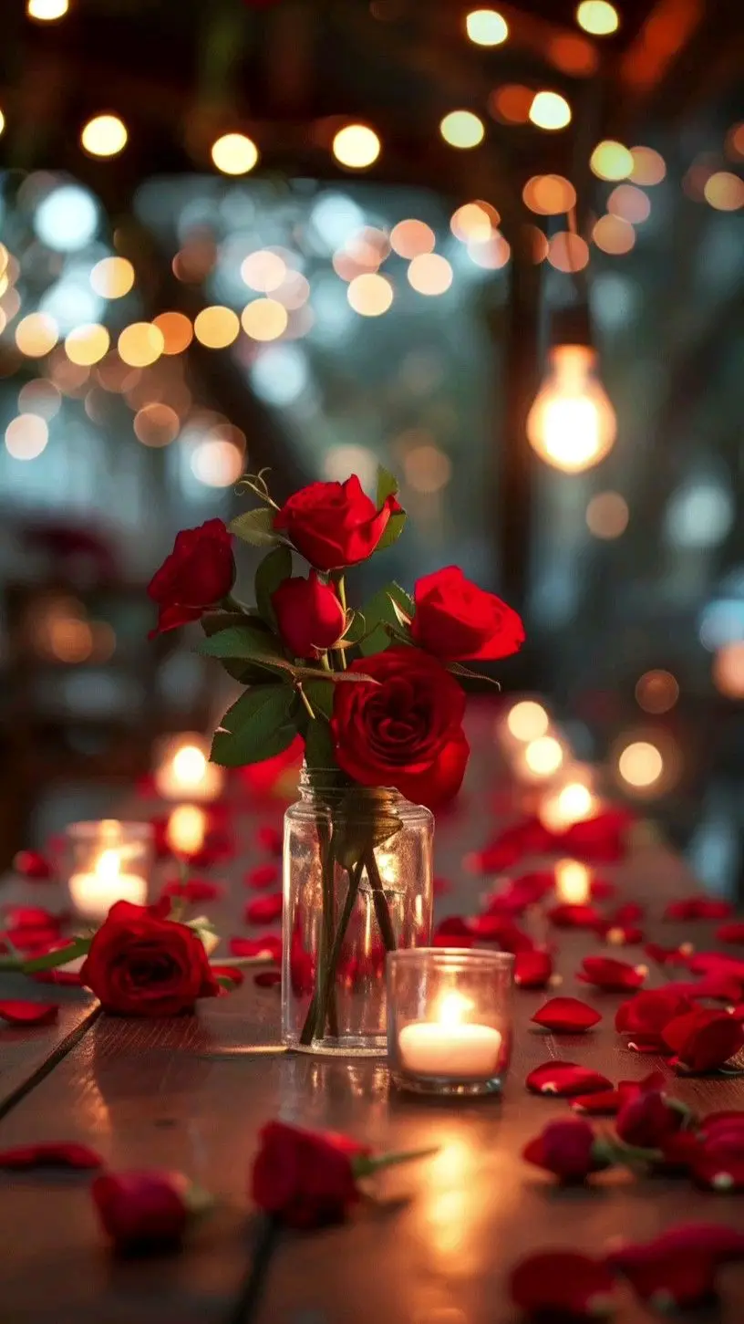 A café table by the window with red balloons, roses and candles