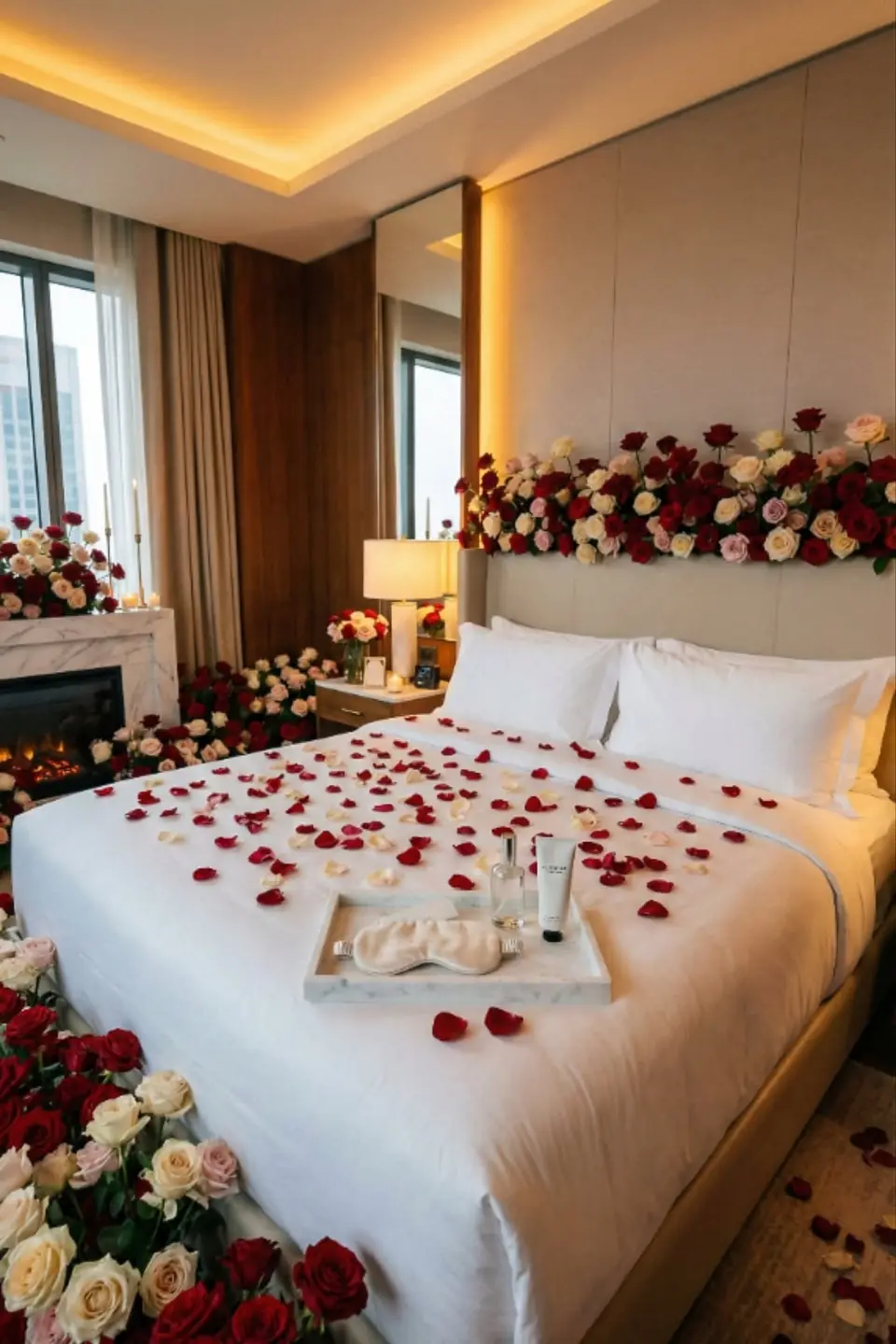 Rose petal heart and red balloons on a hotel bed