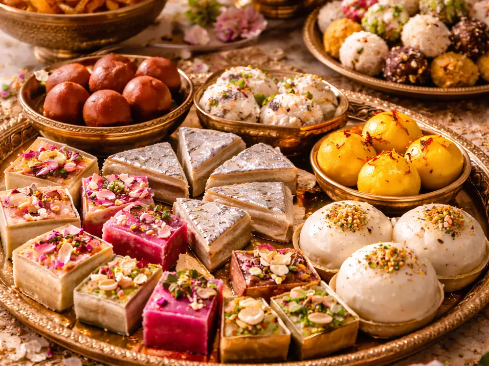 Assorted Indian sweets on a brass platter with pink roses and tea lights