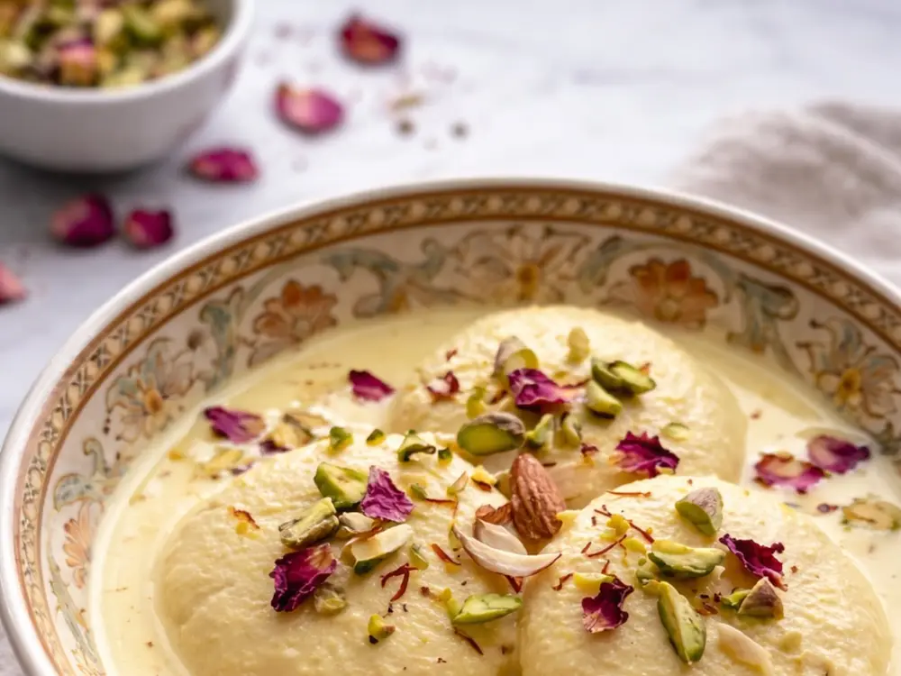 Rasmalai in a patterned bowl topped with pistachio and rose petals