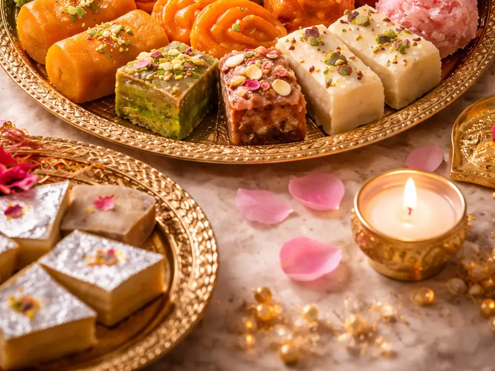 Assorted mithai and gulab jamun in brass bowls with tea lights and pink roses