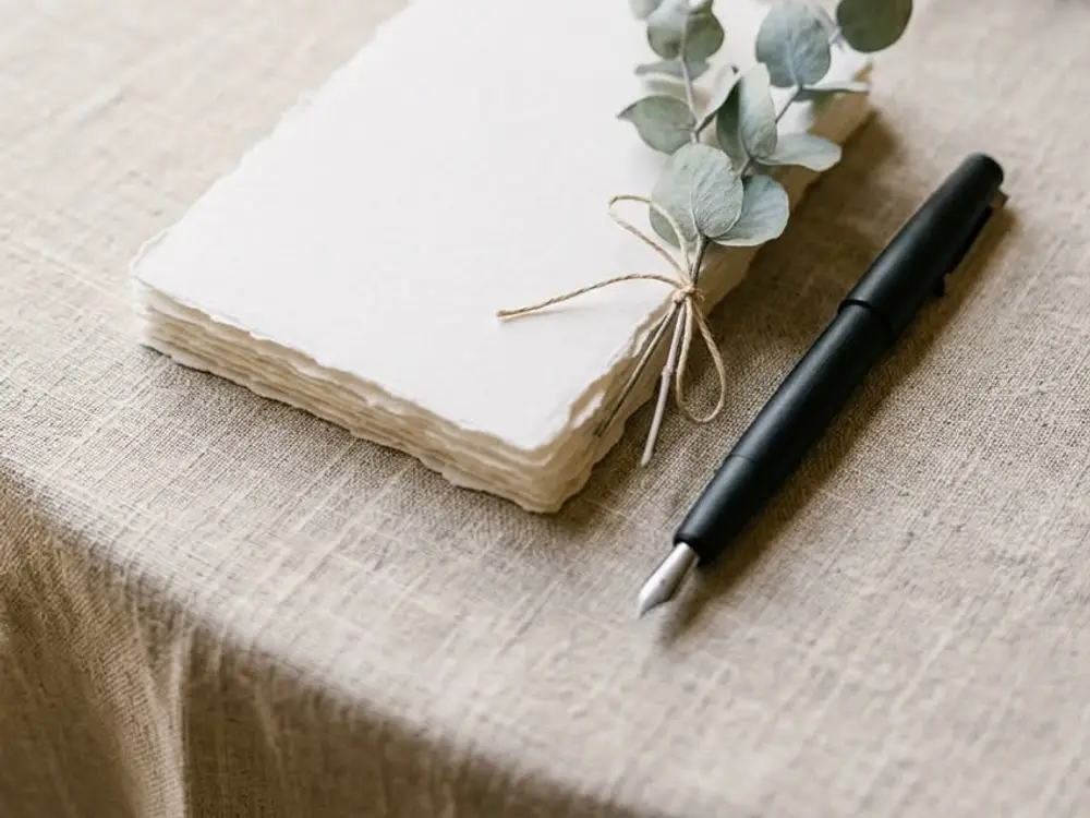 Deckle-edged blank cards tied with a sprig of eucalyptus beside a black fountain pen on linen