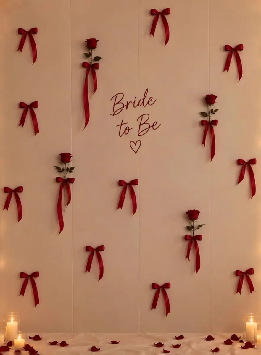 White wall with red satin bows, single red roses and Bride to Be handwritten in the centre