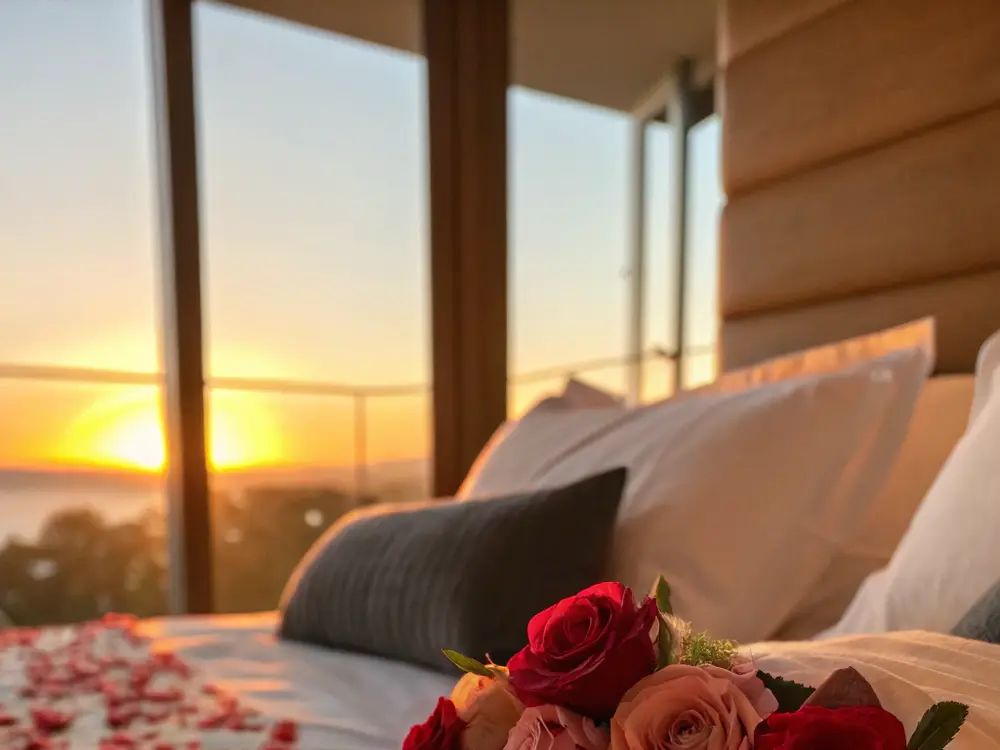 Bed with a petal path, a bouquet of red and pink roses and a sunset through the window