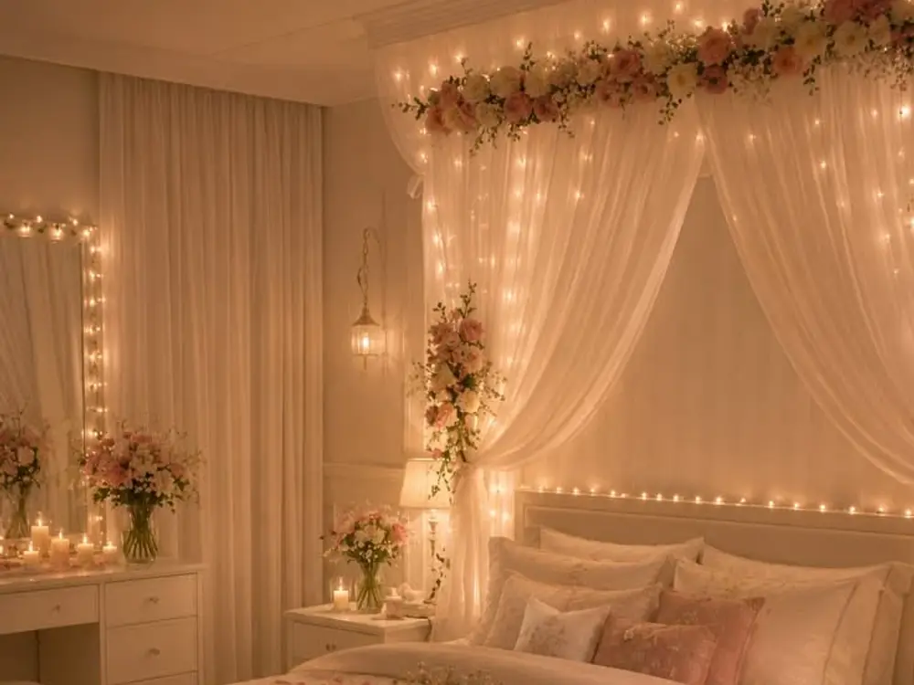 Bedroom with white sheer curtains, fairy lights and a flower garland over the bed
