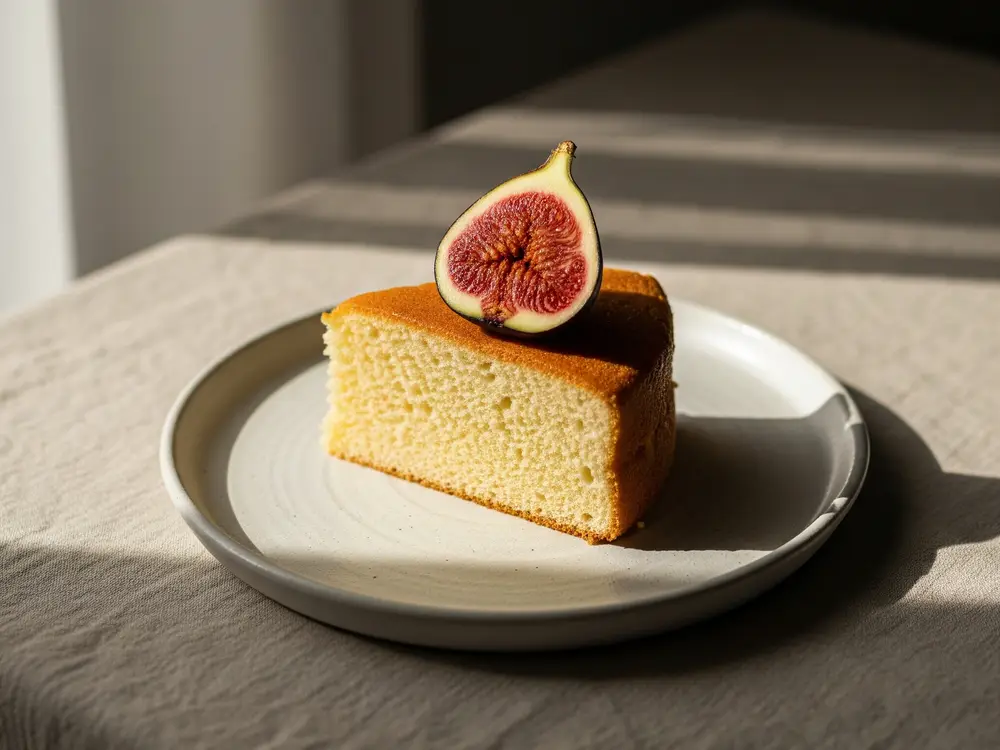 A slice of golden sponge cake topped with a fresh fig on a plain plate on linen