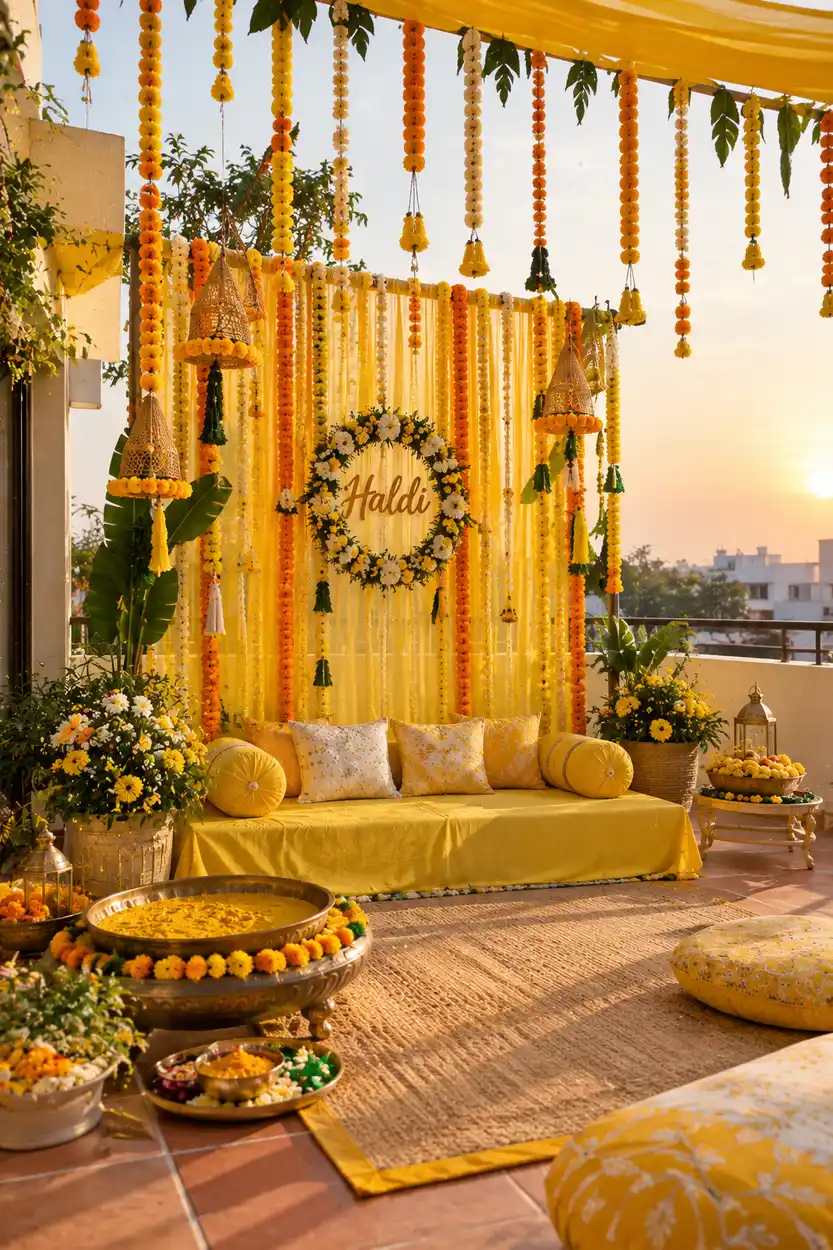 Terrace haldi backdrop with hanging marigold strings, cane lanterns and a Haldi flower wreath at sunset