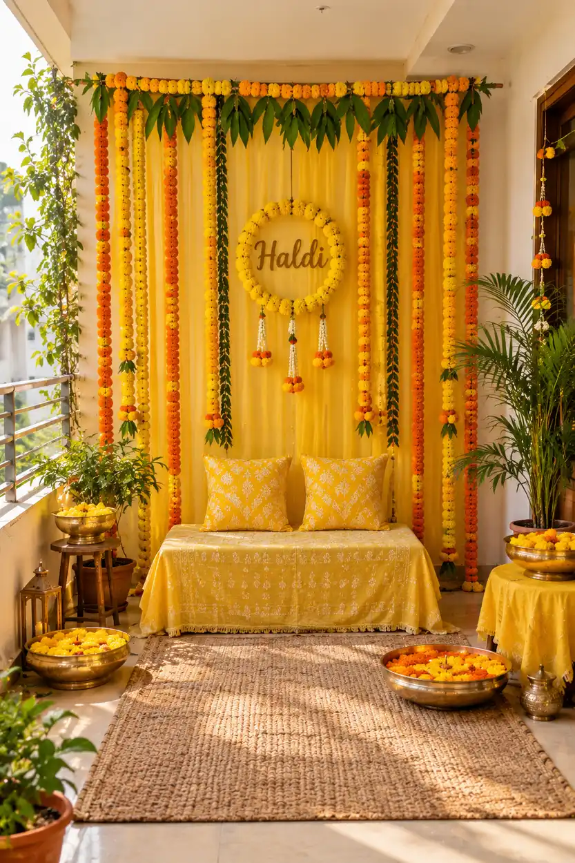 Balcony haldi corner with a yellow-draped low seat, marigold garlands, brass bowls of flowers and a jute rug