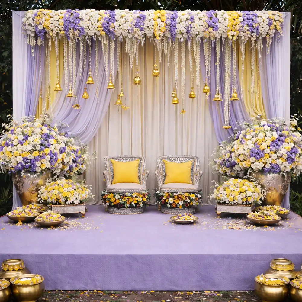 Pastel haldi backdrop with lilac and yellow drapes, hanging brass bells, jasmine strings and flower arrangements beside two chairs