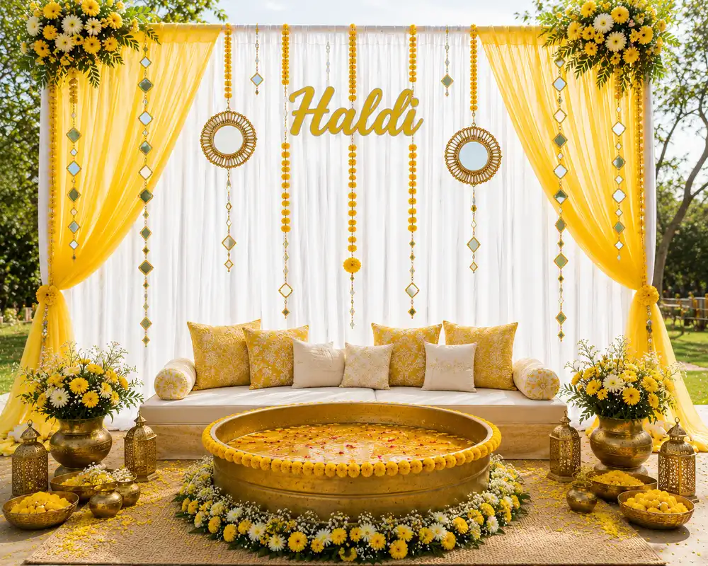 White drapes with yellow side curtains, a Haldi sign and mirror ornaments above a cushioned seat with a gold urli
