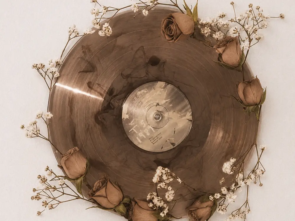 Smoky brown vinyl record circled with dried roses and baby's breath on a white wall
