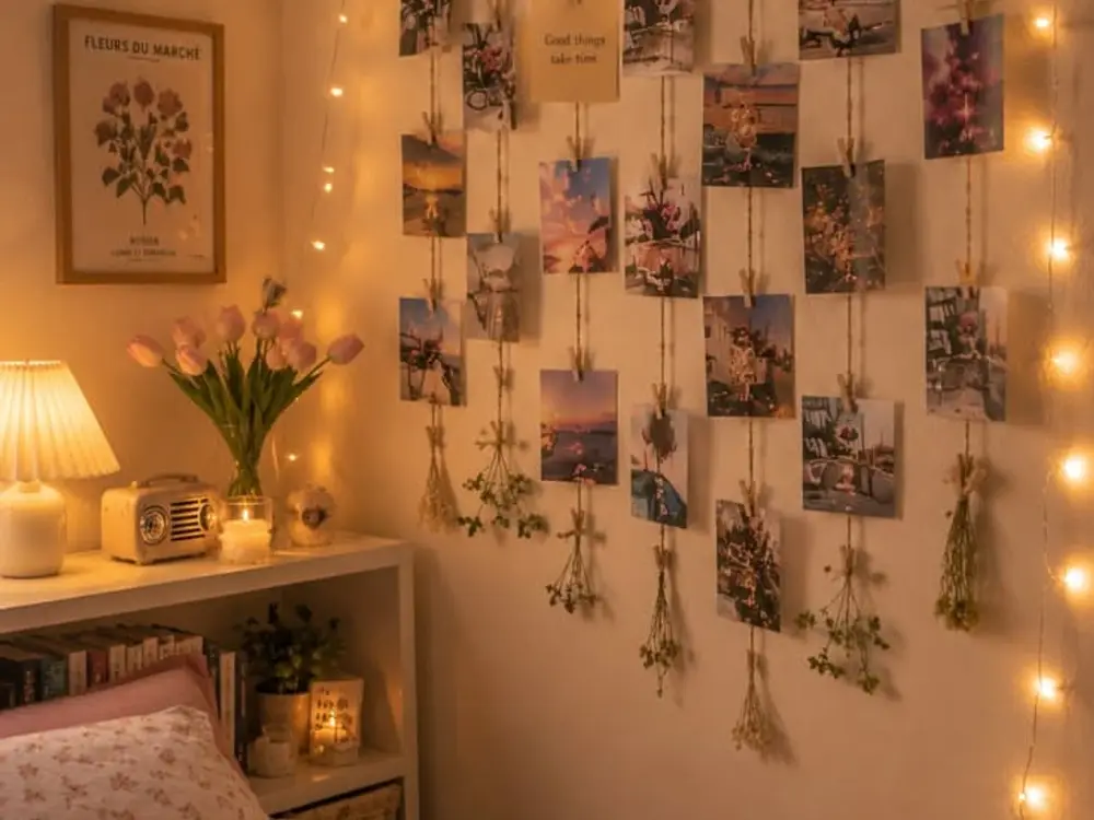Cozy bedroom corner with fairy lights, photo strings, a lamp, pink tulips and a small cream radio