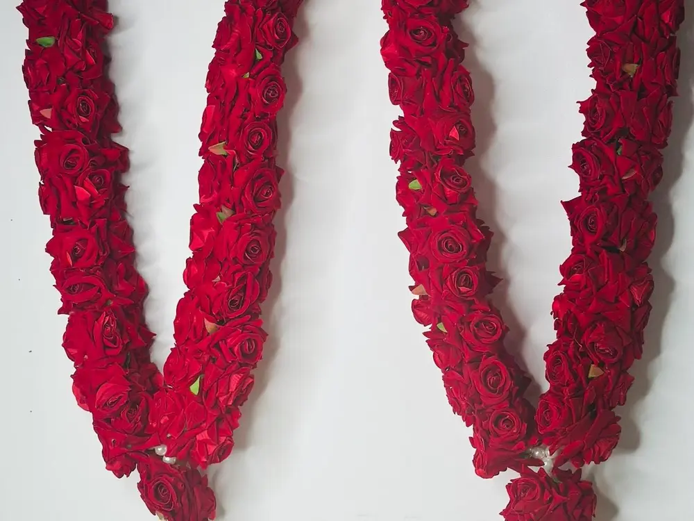 Pair of deep red rose varmalas hanging side by side against a white wall