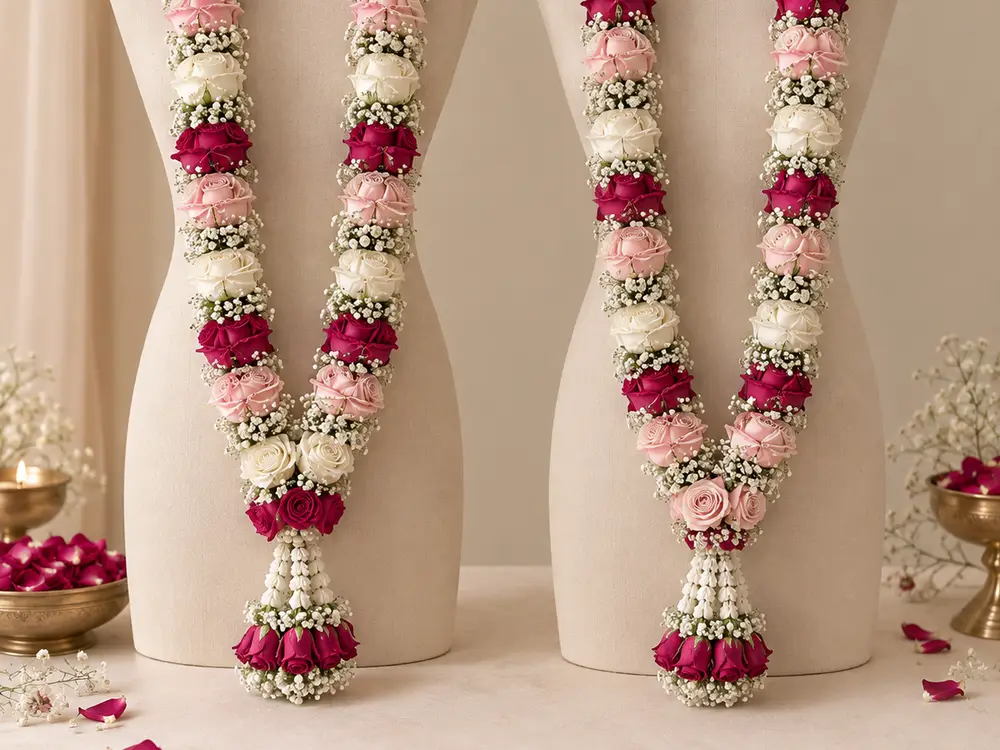 Pair of varmalas alternating white, pale pink and deep pink roses with baby's breath and pearl tassels