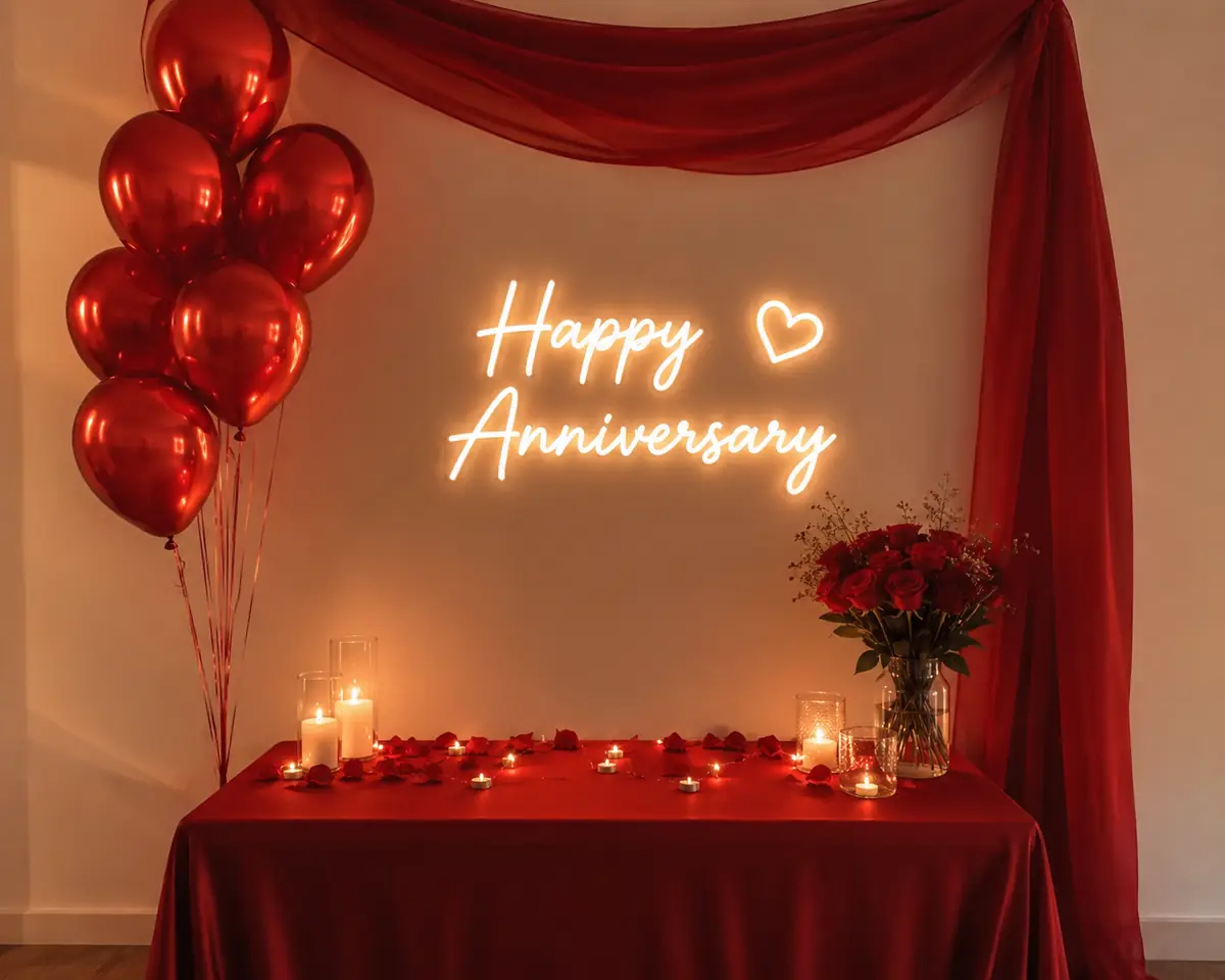 A Happy Anniversary neon sign over a red table with candles, roses and red balloons