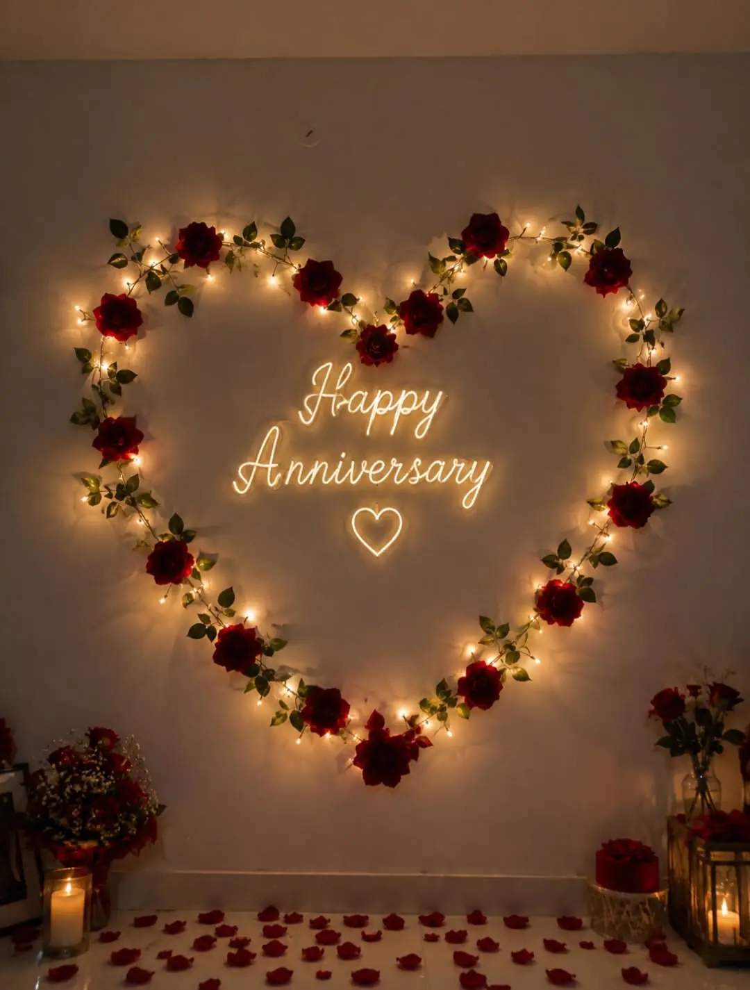 A heart of roses and fairy lights on a wall with a Happy Anniversary sign
