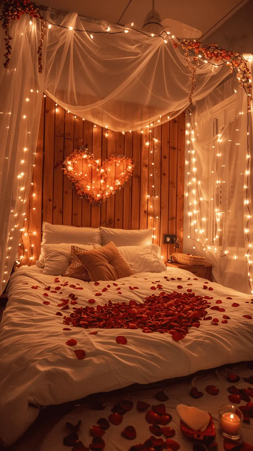 A canopy bed with fairy lights and a rose petal heart on the sheet