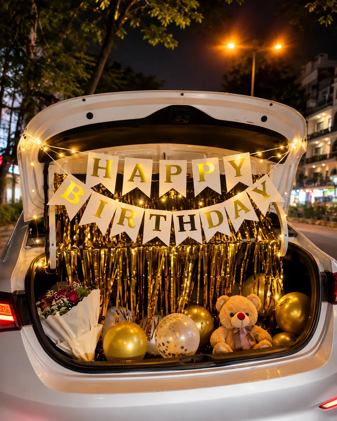 A car boot at night with gold balloons, a gold curtain, a teddy and a banner