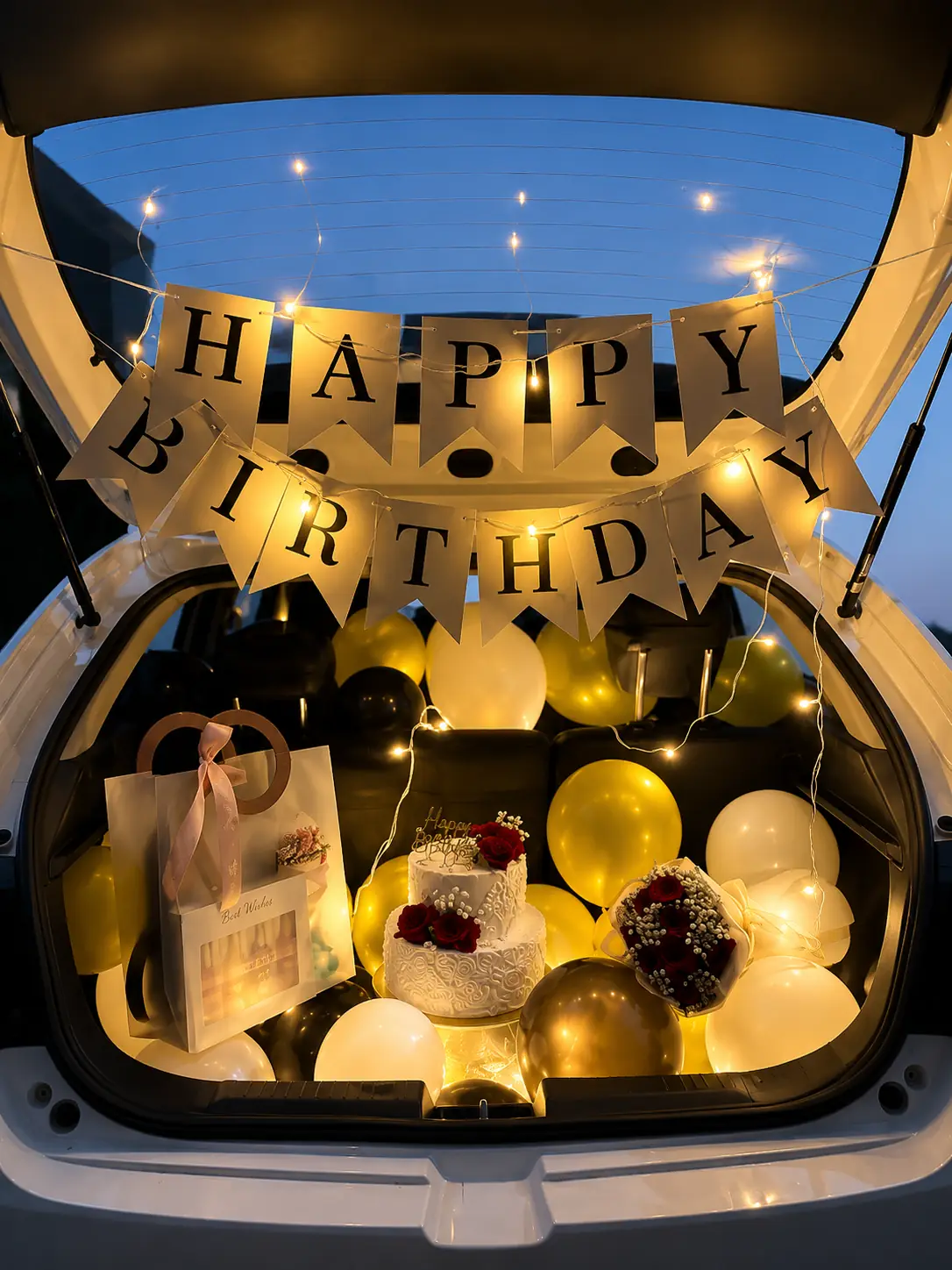 A car boot with black, gold and white balloons, gift bags and fairy lights