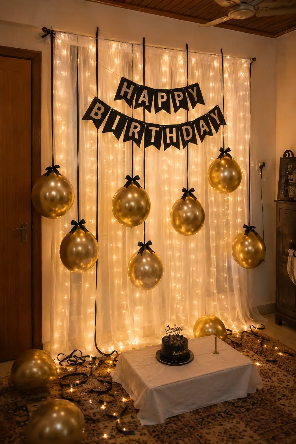 A fairy light curtain with gold balloons, a Happy Birthday banner and a cake table