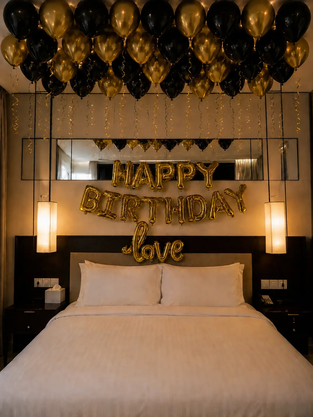 Black and gold balloons on the ceiling over a bed with Happy Birthday foil letters