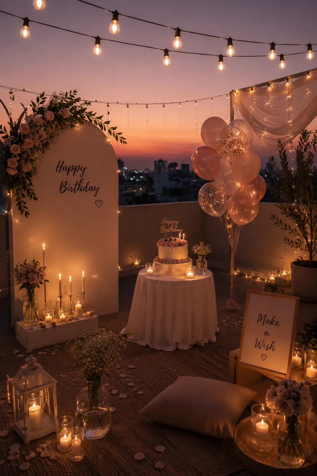 A rooftop at dusk with pink balloons, string lights and a cake table with candles