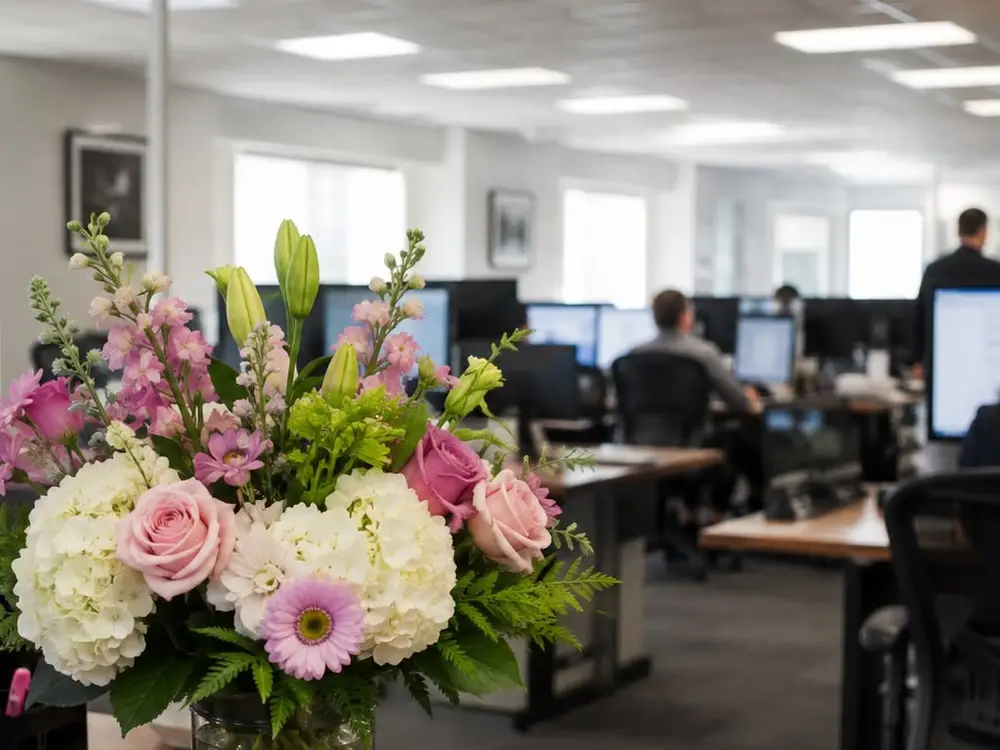 Hydrangea, rose and gerbera bouquet on an office desk with a team working behind