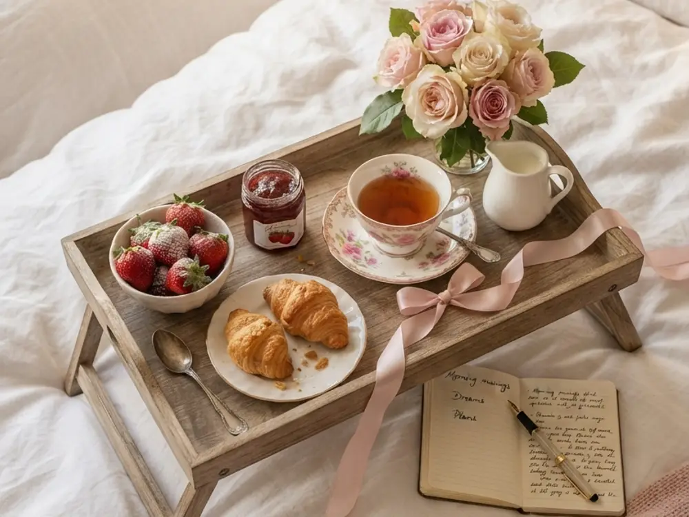 A wooden breakfast tray on a bed with croissants, tea, berries and a small bunch of pink roses
