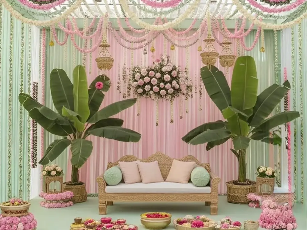 Mint and blush annaprashan backdrop with banana leaves, flower strings and a sofa