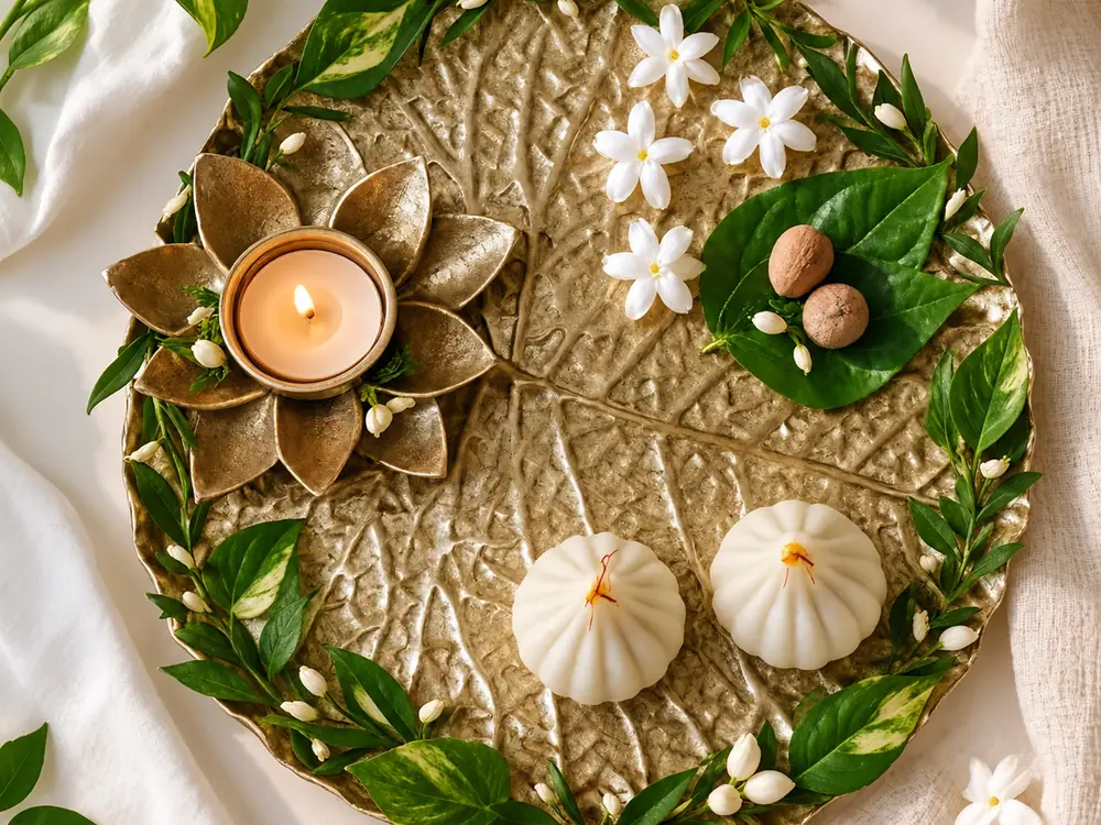 Brass puja platter with a lotus diya, jasmine flowers, betel leaves and two modaks