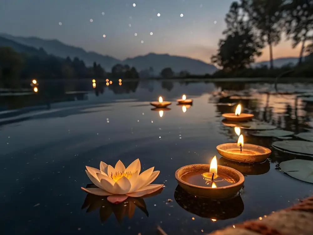 Diyas and a lotus floating on calm water at dusk