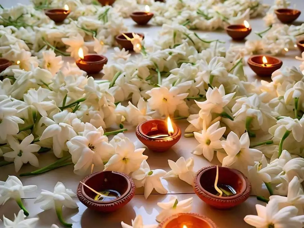 White jasmine flowers scattered with lit clay diyas