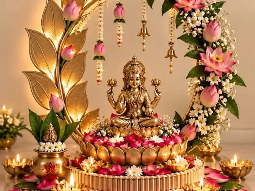 Brass Lakshmi idol on a lotus base with a flower arch, bells and diyas