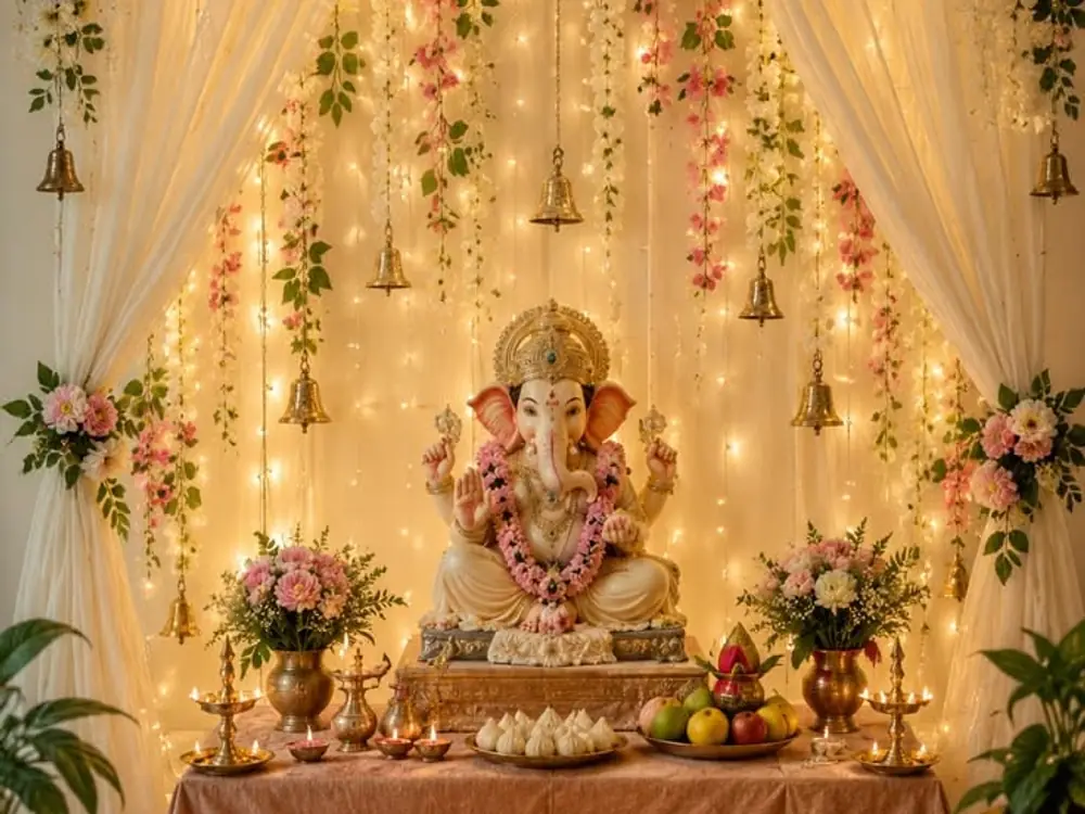 Ganesh idol with pink flowers, hanging bells and warm fairy lights on ivory drapes