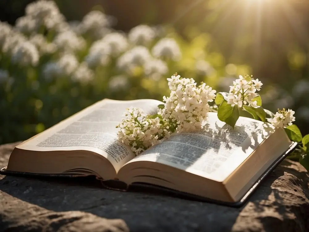 Open scripture with white jasmine flowers in soft morning light